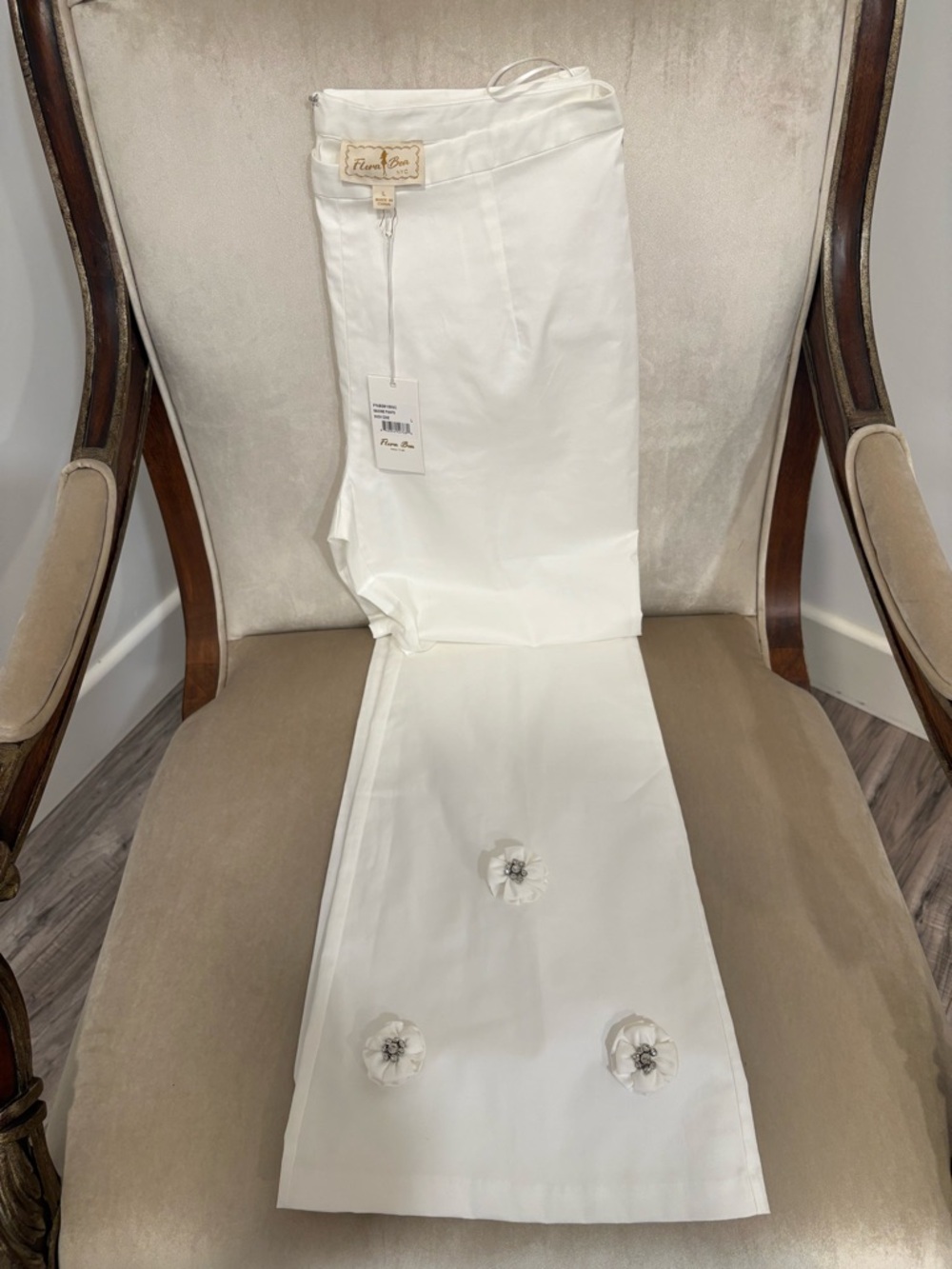 White Flare Pants with 3D Floral Embellishments